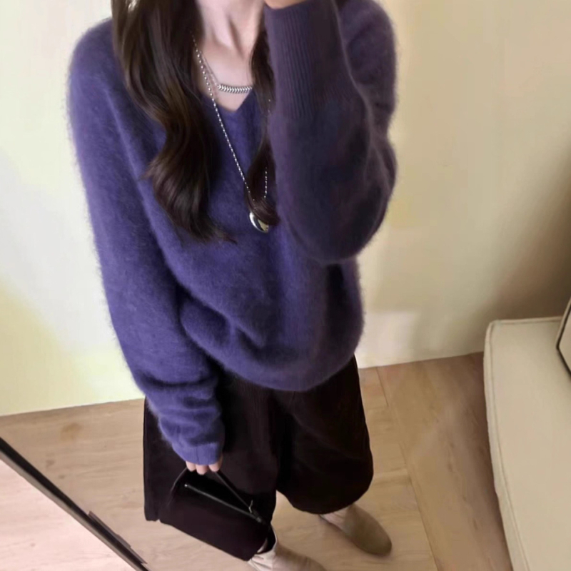 Ženski pulover od mink velveta, debeo, V-izrez, slobodan kroj, dugi rukavi