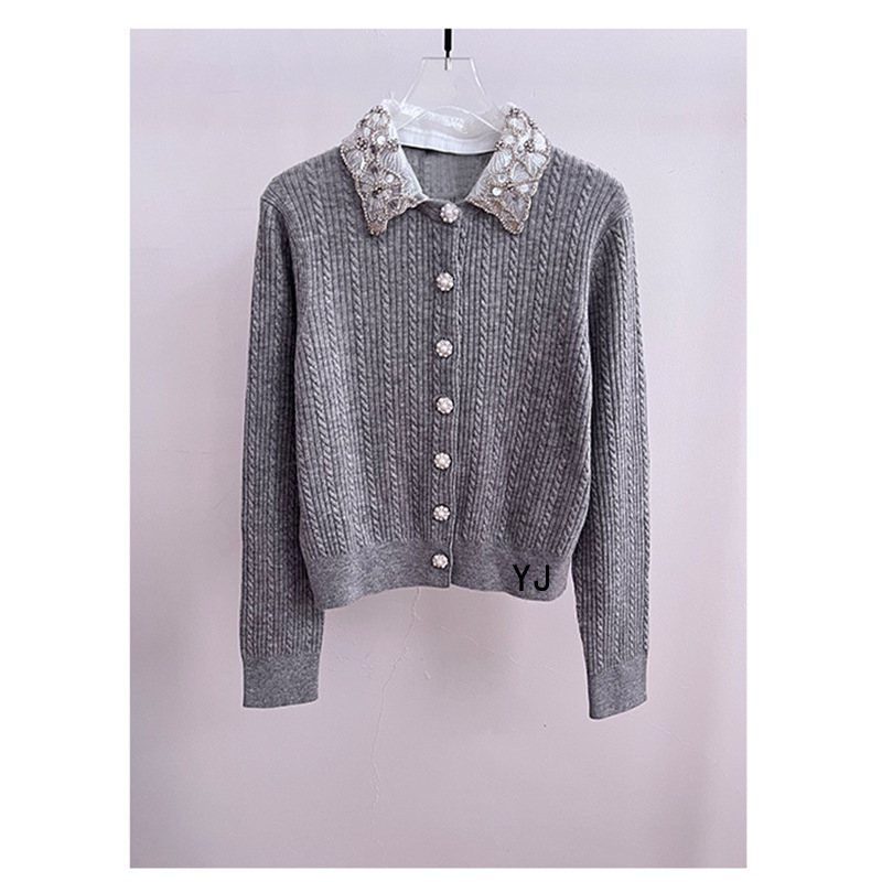 Korejskog stila pleteni kardigan top s polo ovratnikom, Mink velvet tkanina, dugi rukavi, uvijeni cvjetni detalj