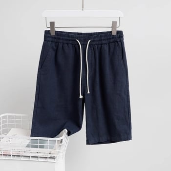 Muški šorts od lana, japanski stil, tamnoplava, opuštena silueta, prozračnost i upijanje znoja, jednobojne, ravni kroj, casual, do koljena