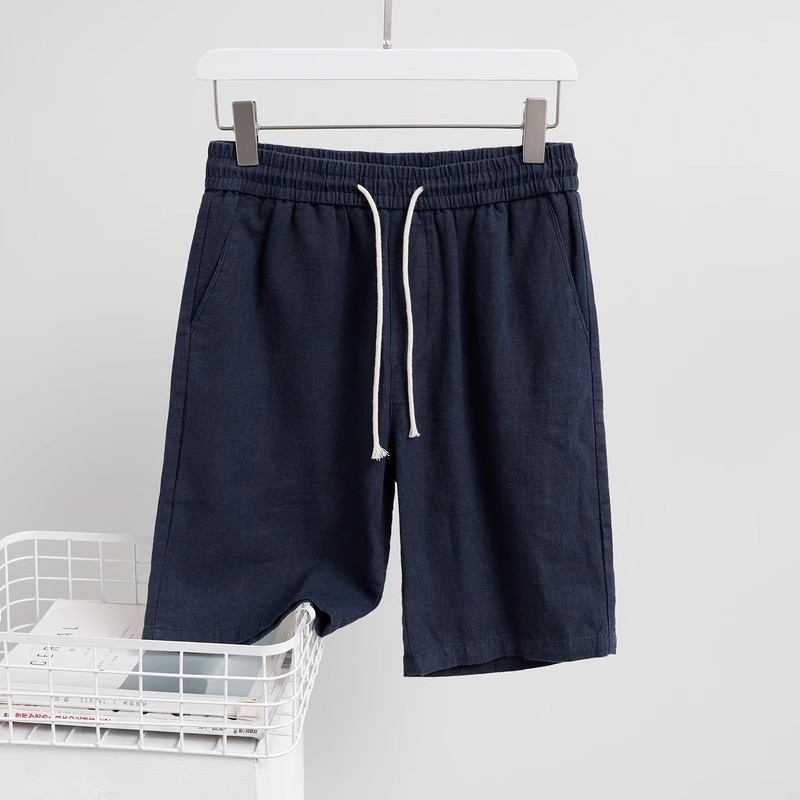 Muški šorts od lana, japanski stil, tamnoplava, opuštena silueta, prozračnost i upijanje znoja, jednobojne, ravni kroj, casual, do koljena