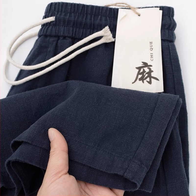 Muški šorts od lana, japanski stil, tamnoplava, opuštena silueta, prozračnost i upijanje znoja, jednobojne, ravni kroj, casual, do koljena