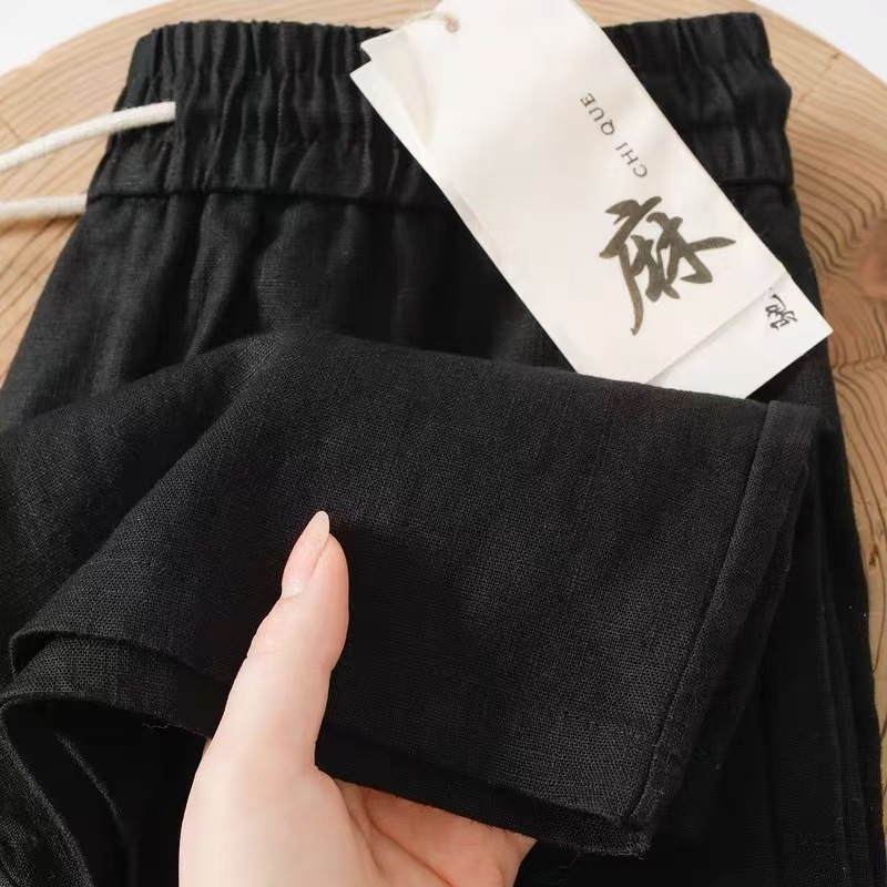 Muški šorts od lana, japanski stil, tamnoplava, opuštena silueta, prozračnost i upijanje znoja, jednobojne, ravni kroj, casual, do koljena