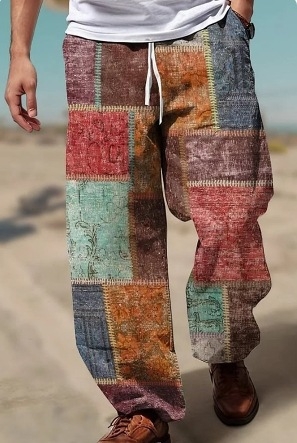 Șorturi de plajă pentru bărbați, imprimeu 3D în model de carouri, croială lejeră drept, Bamboo Hemp și poliester (95%), Vara 2024, stil street