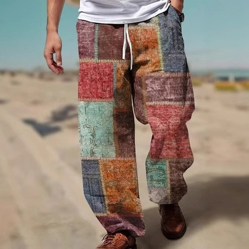 Șorturi de plajă pentru bărbați, imprimeu 3D în model de carouri, croială lejeră drept, Bamboo Hemp și poliester (95%), Vara 2024, stil street