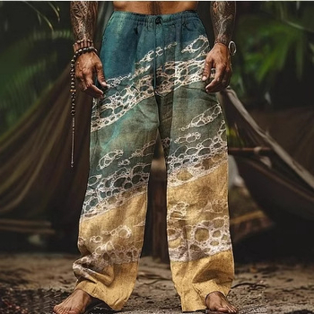 Șorturi de plajă pentru bărbați, imprimeu 3D în model de carouri, croială lejeră drept, Bamboo Hemp și poliester (95%), Vara 2024, stil street