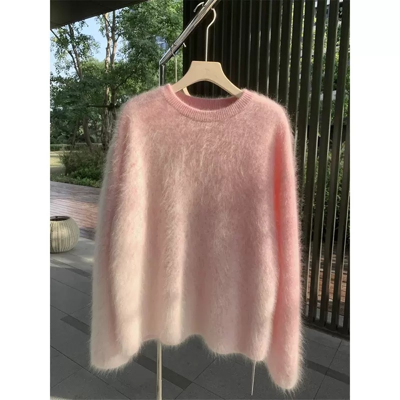 Pleteni pulover s gradientnom teksturom mink velura, debeli, okrugli izrez, dugi rukavi, casual japansko-korejski stil