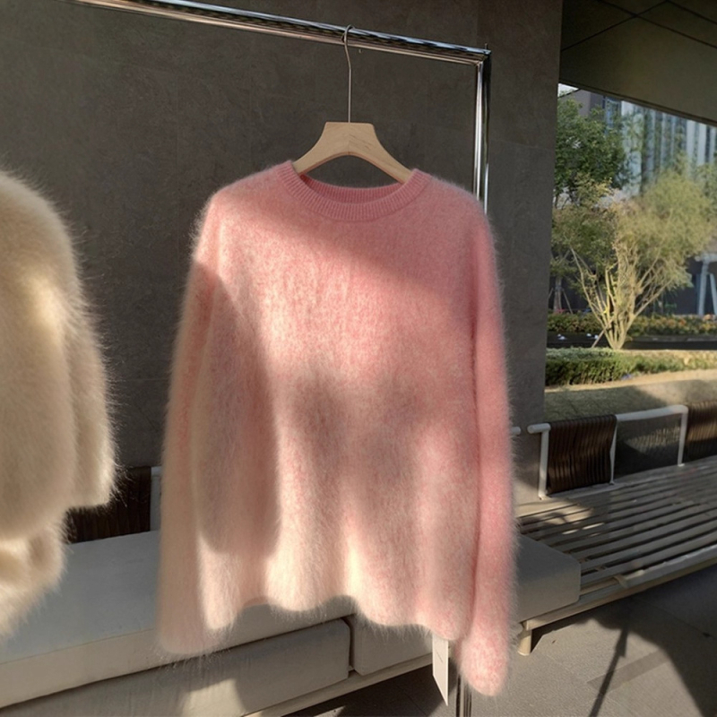 Pleteni pulover s gradientnom teksturom mink velura, debeli, okrugli izrez, dugi rukavi, casual japansko-korejski stil
