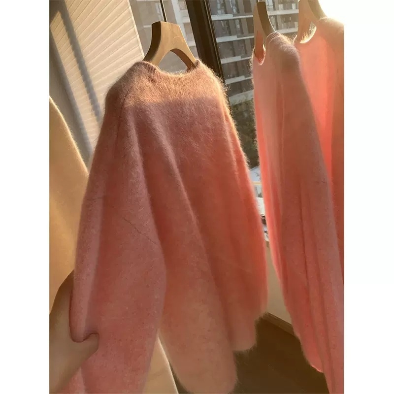 Pleteni pulover s gradientnom teksturom mink velura, debeli, okrugli izrez, dugi rukavi, casual japansko-korejski stil