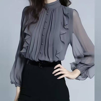 Ženska šifon bluza sa stojećim ovratnikom, dugi rukavi i volani, francuski stil, proljeće-jesen model, elegantan izgled.