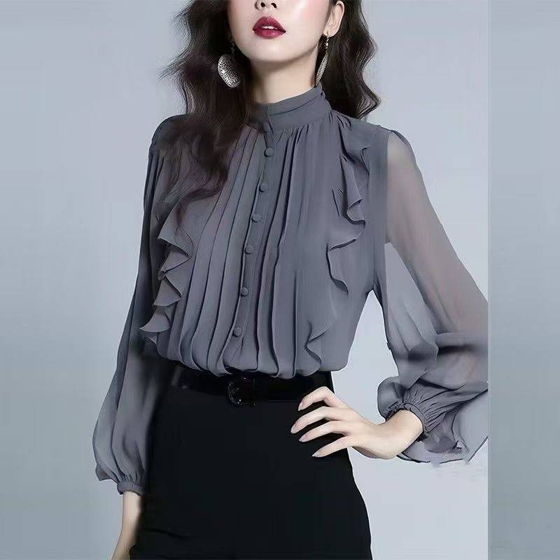 Ženska šifon bluza sa stojećim ovratnikom, dugi rukavi i volani, francuski stil, proljeće-jesen model, elegantan izgled.