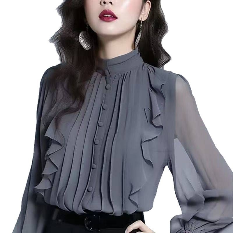 Ženska šifon bluza sa stojećim ovratnikom, dugi rukavi i volani, francuski stil, proljeće-jesen model, elegantan izgled.