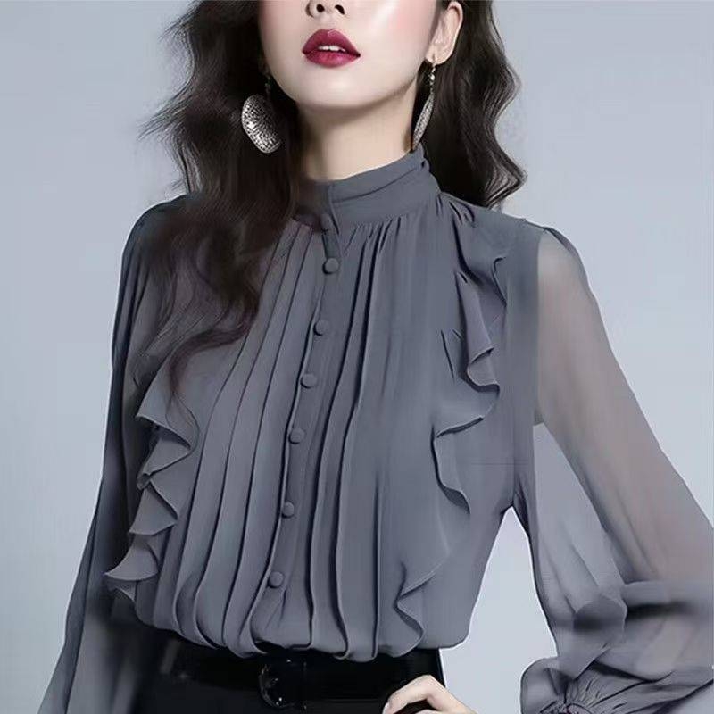 Ženska šifon bluza sa stojećim ovratnikom, dugi rukavi i volani, francuski stil, proljeće-jesen model, elegantan izgled.