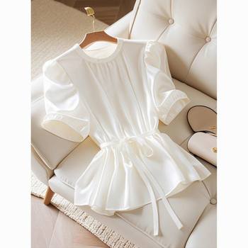 Bluza de damă din chiffon de poliester, decolteu rotund, mâneci Feifei, mâneci extra lungi, detalii de dantelă, stil urban