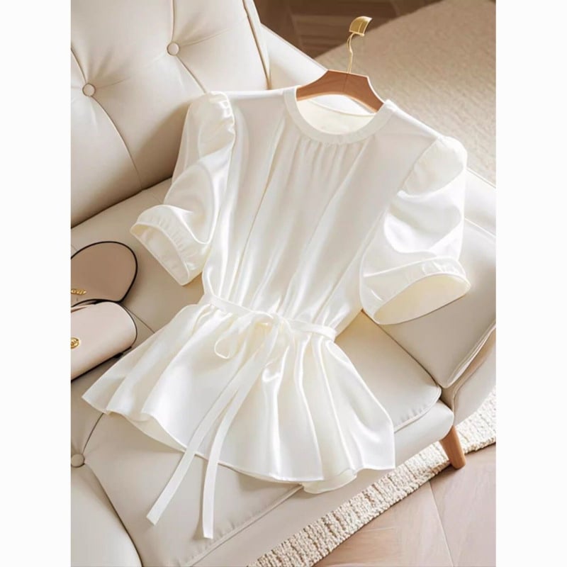 Bluza de damă din chiffon de poliester, decolteu rotund, mâneci Feifei, mâneci extra lungi, detalii de dantelă, stil urban