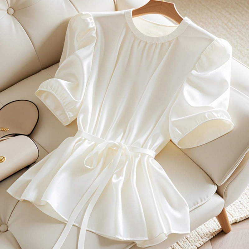 Bluza de damă din chiffon de poliester, decolteu rotund, mâneci Feifei, mâneci extra lungi, detalii de dantelă, stil urban