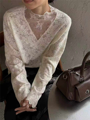 Ženski čipkasti top s patchworkom, dugi rukavi, stojeći ovratnik, pulover, normalna dužina (dužina 50–65 cm)