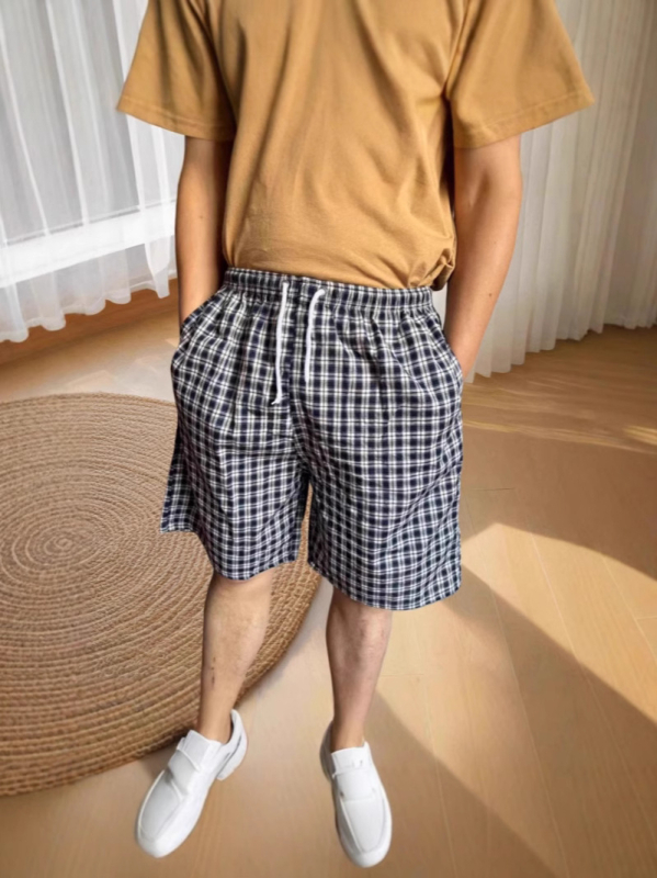 Șorturi de plajă din bumbac pentru bărbați, vară, model cu dungi și plasă, buzunar decorativ, elastice micro-bounce