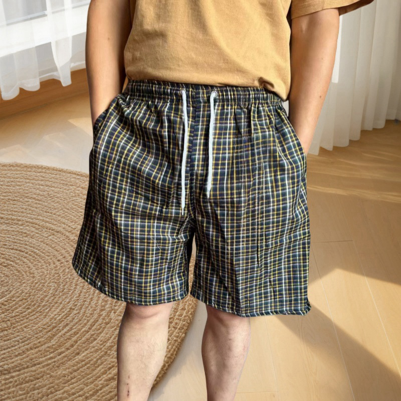 Șorturi de plajă din bumbac pentru bărbați, vară, model cu dungi și plasă, buzunar decorativ, elastice micro-bounce