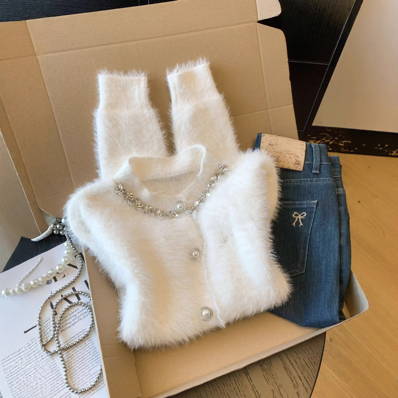 Ženski pleteni kardigan - elegantan stil, okrugli izrez, dugi rukavi, pleteni materijal od poliestera (80-90%), uobičajene debljine