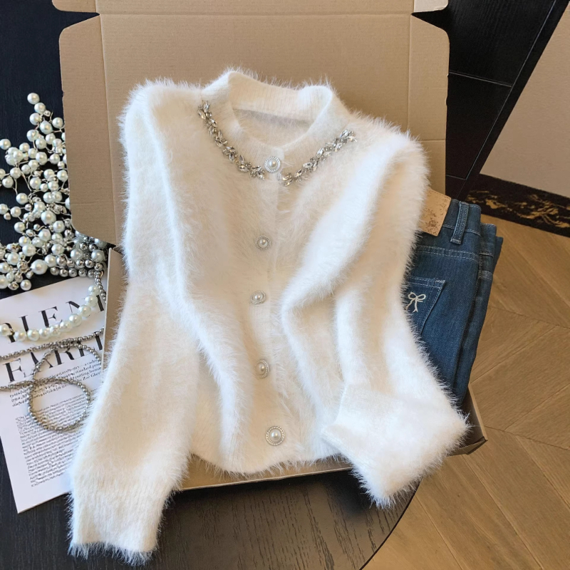 Ženski pleteni kardigan - elegantan stil, okrugli izrez, dugi rukavi, pleteni materijal od poliestera (80-90%), uobičajene debljine