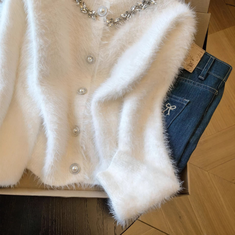 Ženski pleteni kardigan - elegantan stil, okrugli izrez, dugi rukavi, pleteni materijal od poliestera (80-90%), uobičajene debljine