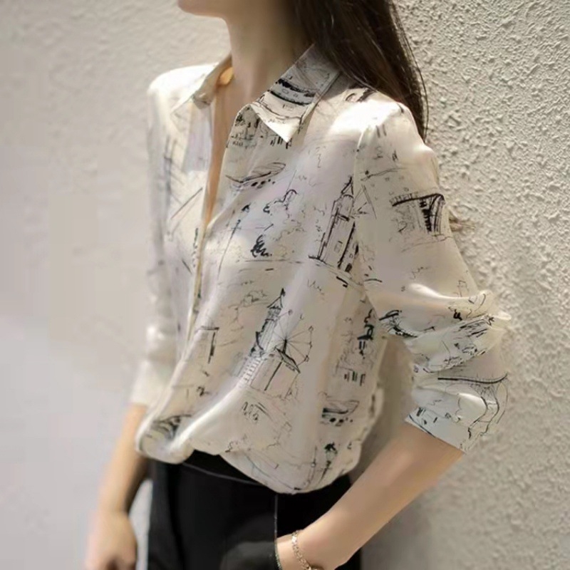 Ženska bluza od šifona, japanski stil opuštenog kroja, dugi rukavi, ovratnik s reverom, slobodan kroj, mješavina poliestera 30–50%