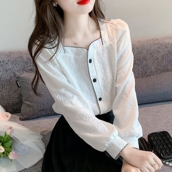 Ženska šifon košulja sa kvadratnim izrezom, dugi rukavi, uski kroj, poliester, duljina 40–50 cm