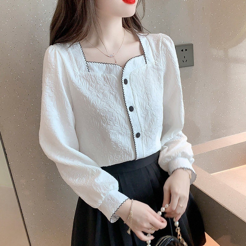 Ženska šifon košulja sa kvadratnim izrezom, dugi rukavi, uski kroj, poliester, duljina 40–50 cm