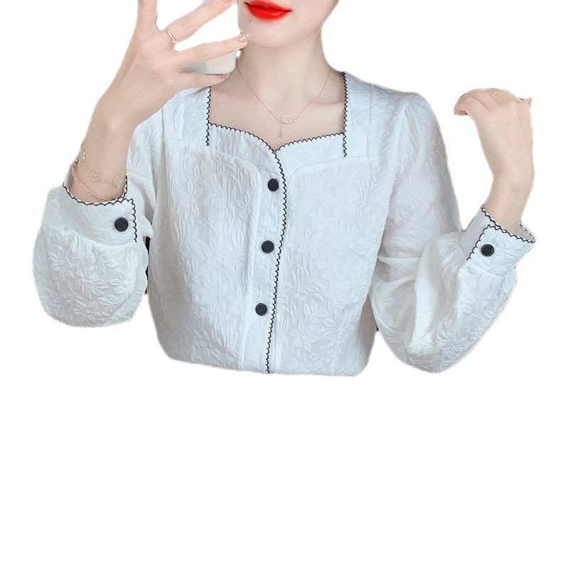 Ženska šifon košulja sa kvadratnim izrezom, dugi rukavi, uski kroj, poliester, duljina 40–50 cm