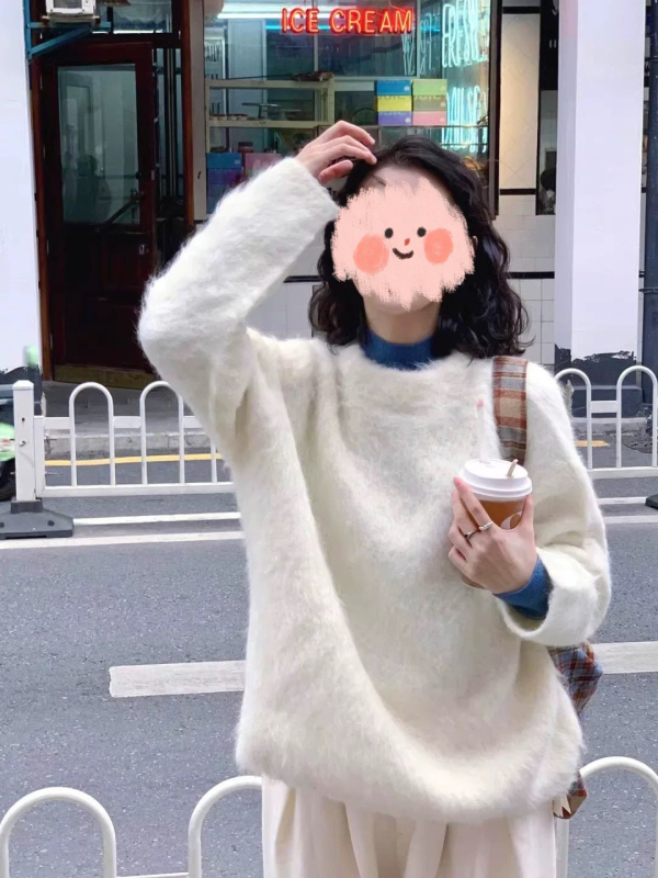 Pleteni pulover od akrilne smese, korejski stil, srednje debljine, okrugli izrez, dugi rukavi