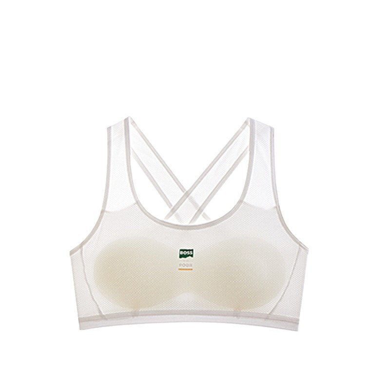 Sportski grudnjak u stilu veste za tinejdžerice — prozračan najlon, pune čašice s tankim oblikom, fiksirane dvostruke naramenice, upijanje znoja i udobnost