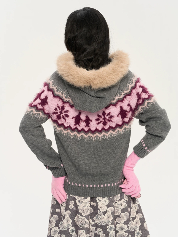 Cardigan s odvojivim kragnom od lažne norke, jacquard pleteni, kapucnja, debela alpaka vlakna, rajfesluz sa šňúrkou