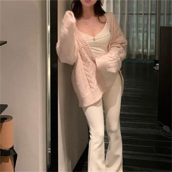 Ženski kardigan s V izrezom – udoban kroj, pletena jakna od pliš materijala s geometrijskim uzorkom i spandeksom