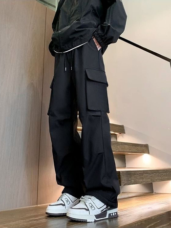 Muške casual hlače od poliester materijala, ravni kroj, visok struk, vezanje, tanak materijal, proljeće–jesen