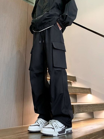 Muške casual hlače od poliester materijala, ravni kroj, visok struk, vezanje, tanak materijal, proljeće–jesen