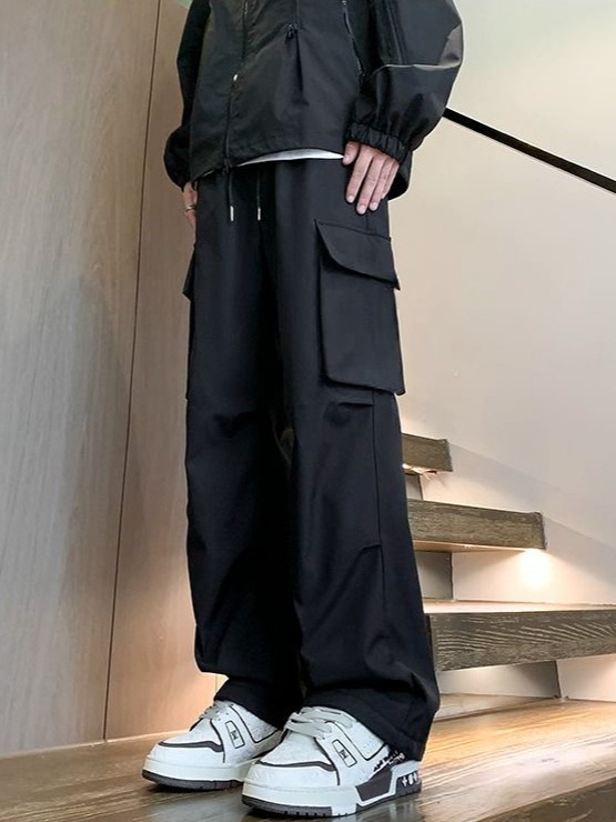 Muške casual hlače od poliester materijala, ravni kroj, visok struk, vezanje, tanak materijal, proljeće–jesen