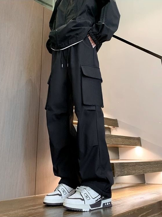 Muške casual hlače od poliester materijala, ravni kroj, visok struk, vezanje, tanak materijal, proljeće–jesen