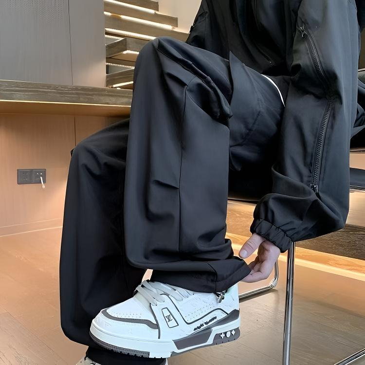 Muške casual hlače od poliester materijala, ravni kroj, visok struk, vezanje, tanak materijal, proljeće–jesen