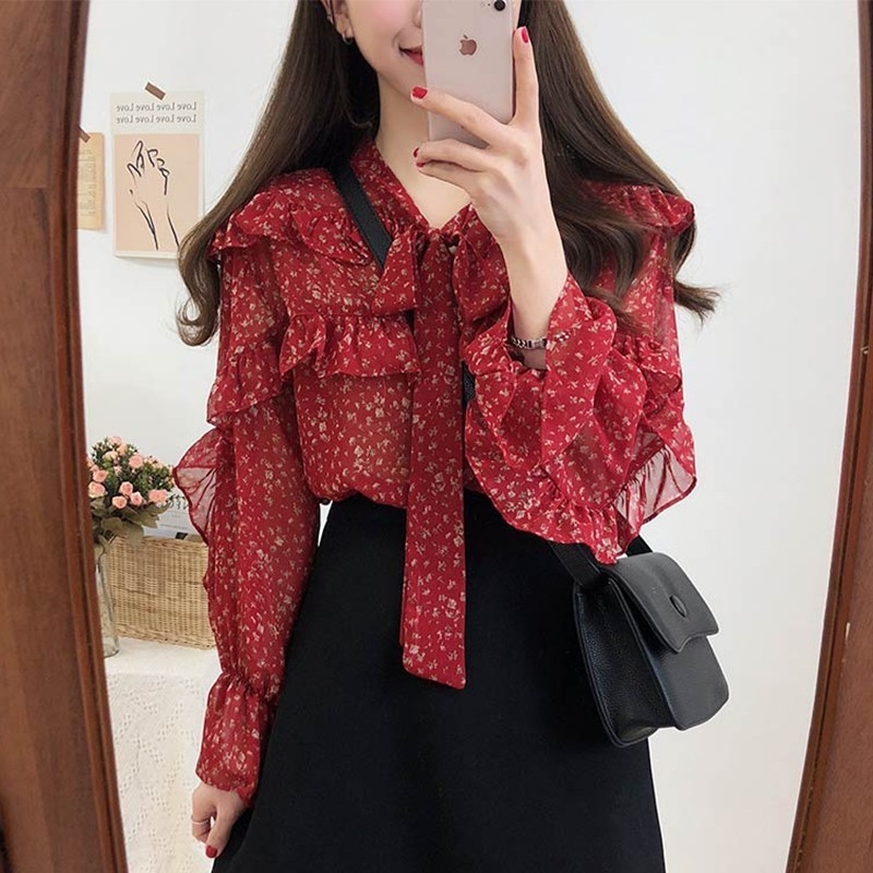 Шифонено-полиестерова риза, дълги ръкави, свободна кройка, пуловер, Feifei ръкави