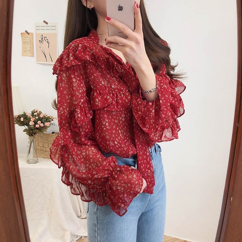 Шифонено-полиестерова риза, дълги ръкави, свободна кройка, пуловер, Feifei ръкави