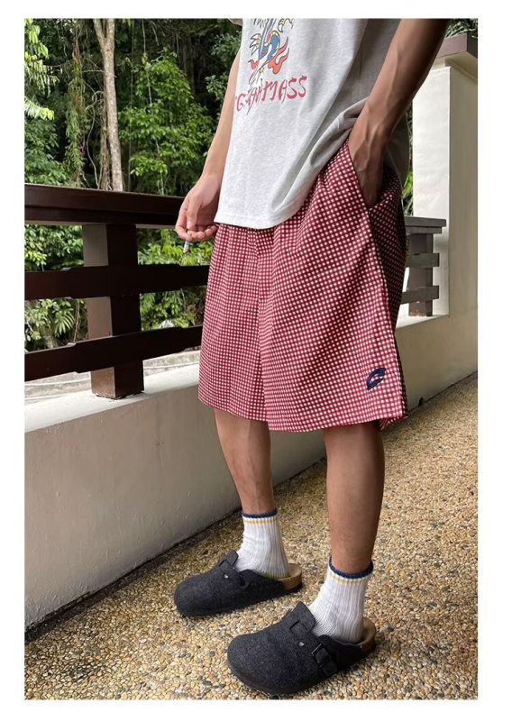 Unisex karirane šorte do koljena, slobodan kroj, poliester, street stil