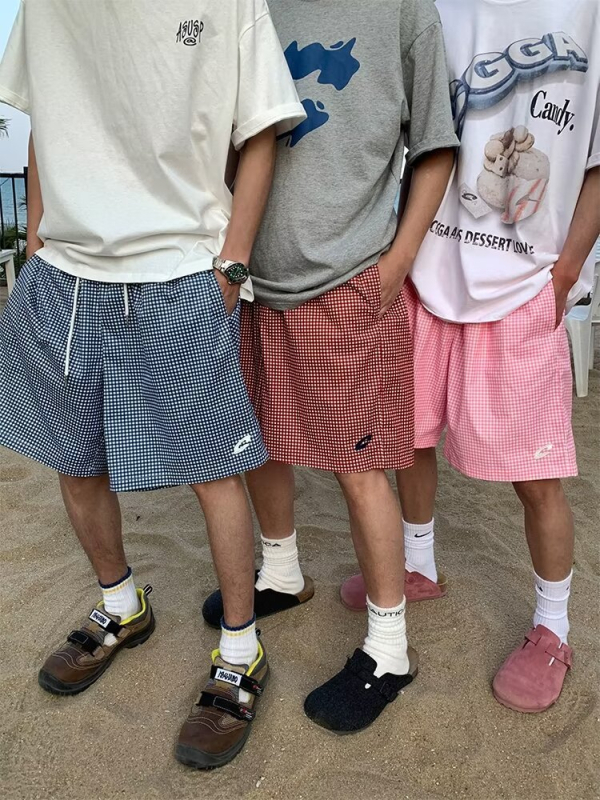 Unisex karirane šorte do koljena, slobodan kroj, poliester, street stil