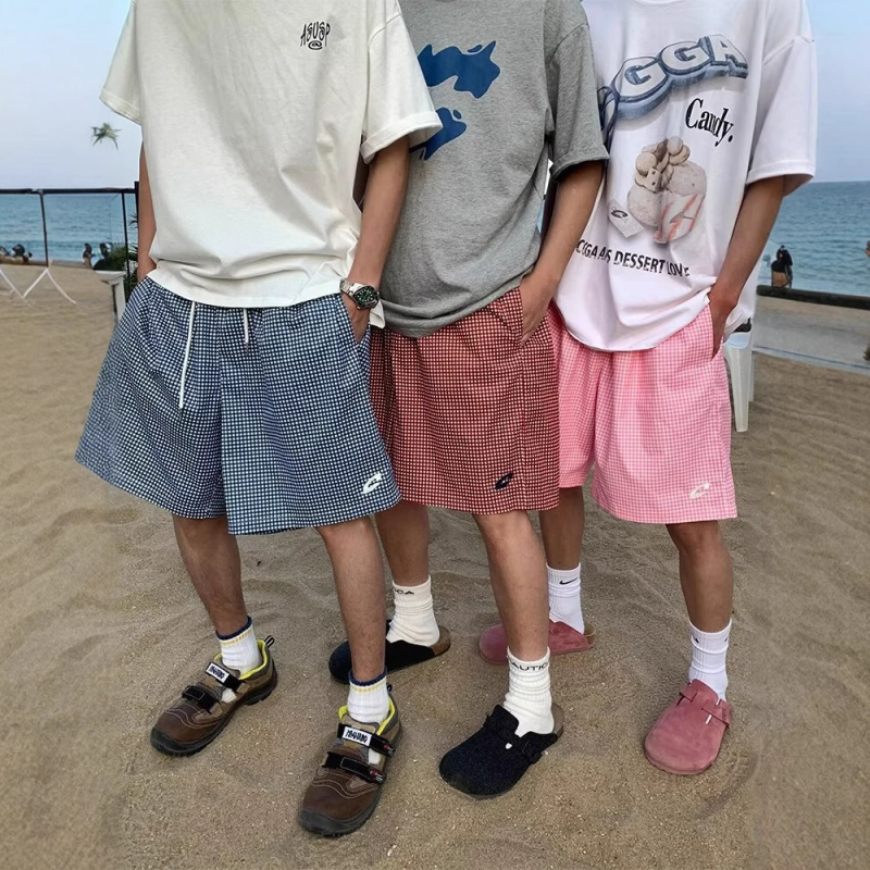 Unisex karirane šorte do koljena, slobodan kroj, poliester, street stil