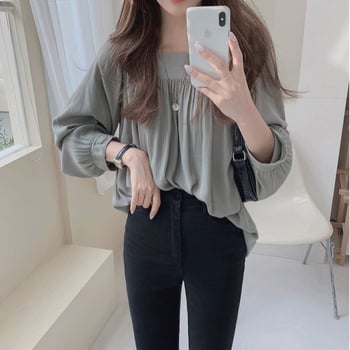 Ženska šifon košulja s kvadratnim ovratnikom, dugi rukavi, uski kroj, casual stil