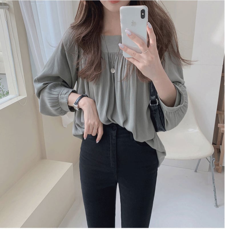 Ženska šifon košulja s kvadratnim ovratnikom, dugi rukavi, uski kroj, casual stil