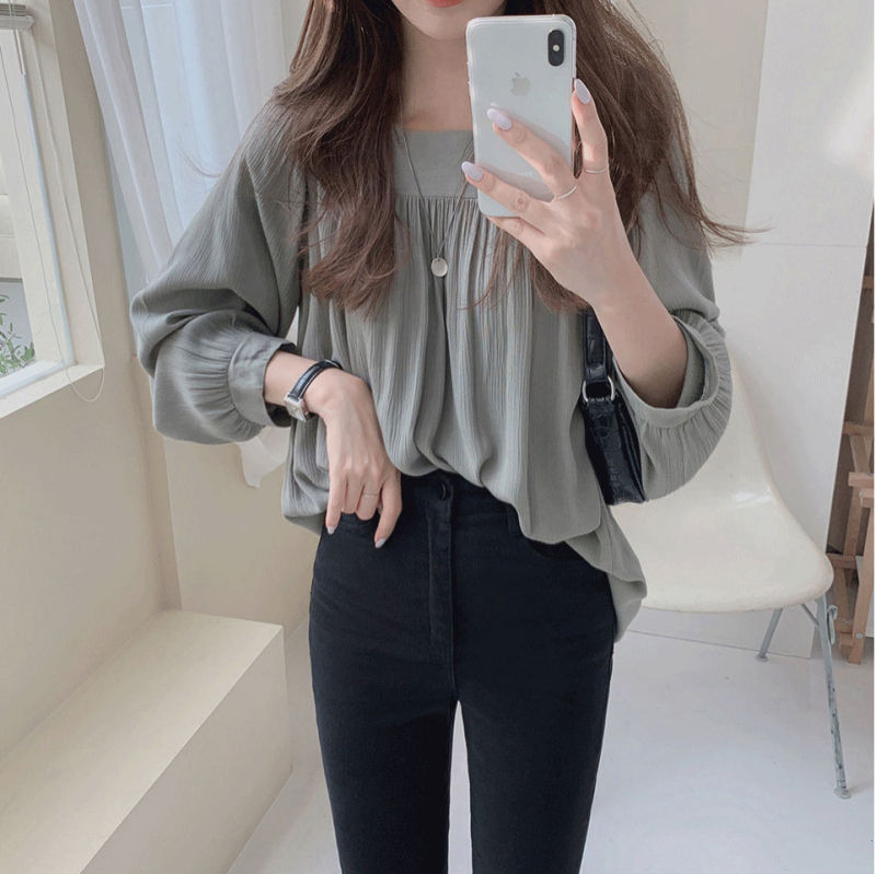 Ženska šifon košulja s kvadratnim ovratnikom, dugi rukavi, uski kroj, casual stil