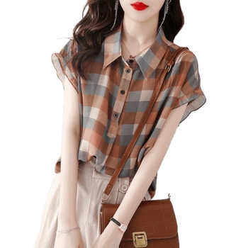 Ženska bluza s kratkim rukavima od akrilnih vlakana, glavni materijal 95%+, sekundarni <30% regenerirana celuloza, karirani print, gradski stil, polo ovratnik, 3/4 rukavi
