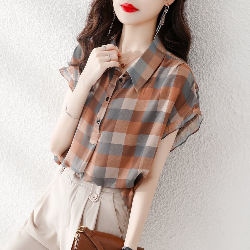 Ženska bluza s kratkim rukavima od akrilnih vlakana, glavni materijal 95%+, sekundarni <30% regenerirana celuloza, karirani print, gradski stil, polo ovratnik, 3/4 rukavi