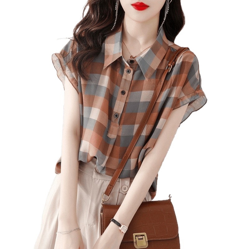 Ženska bluza s kratkim rukavima od akrilnih vlakana, glavni materijal 95%+, sekundarni <30% regenerirana celuloza, karirani print, gradski stil, polo ovratnik, 3/4 rukavi