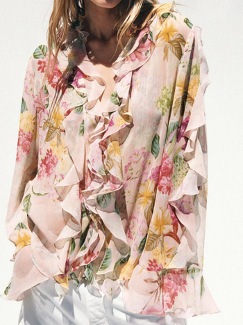 Bluza dama poliester cu imprimeu floral, decolteu în V, mâneci lungi, croială lejeră, detaliu decorativ în straturi